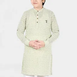 Cavio Kids Pista Green & White Cotton Embroidered Full Sleeves Kurta Set-image-6