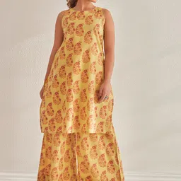 TARA-C-TARA Floral Block Printed Sleeveless Pure Cotton Tunic With Palazzo-7