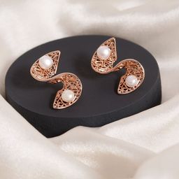 DIAVO Rose Gold-Plated Artificial Pearls Studded Contemporary Shaped Drop Earrings-image-5