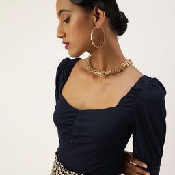 Veni Vidi Vici Navy Blue Sweetheart Neck Puff Sleeves Fitted Crop Top-image-15