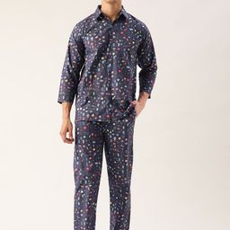 Rapra The Label Men Navy Blue & Multicoloured Printed Night suit With Eye Cover-5