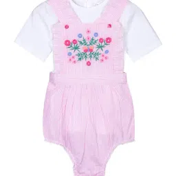 Budding Bees Kids Pink & White Embroidered T-Shirt with Romper-image-7