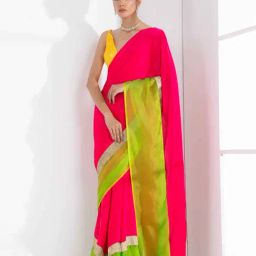 Swtantra Pink & Green Woven Saree With yellow Sequin Unstitched Blouse-image-73