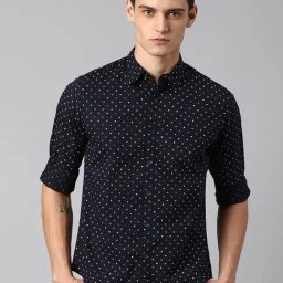 Dennis Lingo Navy Blue Cotton Slim Fit Printed Shirt-picture-27