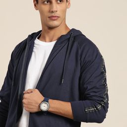 INVICTUS Men Navy Blue Solid Hooded Front-Open Sweatshirt-10