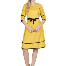 PATRORNA Mustard Regular Fit Peplum A Line Dress-image-57