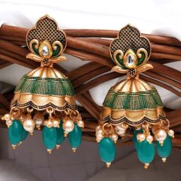 Karatcart Gold-Plated Green Tumble & Golden Pearl Studded Jhumki Earrings for Women-47