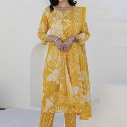Kohsh Floral Printed V Neck Pure Cotton Kurta With Trousers & Dupatta-picture-13