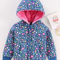 Babyhug Cotton Knit Full Sleeves Hooded Sweat Jacket Floral Print - Blue-image-102