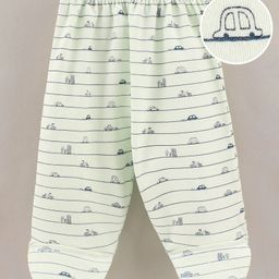 Child World Cotton Knit Footed Bootie Leggings Striped & Cars Printed - Green-image-96