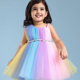 Babyhug Woven Sleeveless Fit and Flare One Shoulder Solid Color Party Frock -Multicolor-image-6