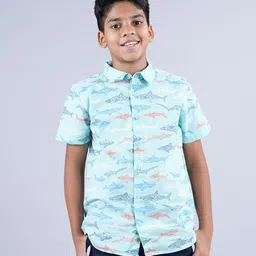 Kiddopanti Cotton Half Sleeves Fish Printed Shirt - Aqua Blue-picture-11