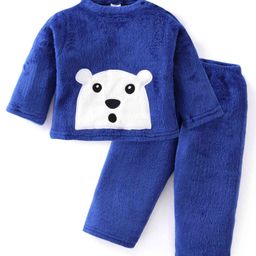 Babyhug Velour Knit Full Sleeves Winter Night Suit With Polar Bear Patch Work - Royal Blue-image-94