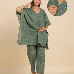 Ikk Kudi by Seerat Cotton Woven Three Fourth Batwing Sleeves Floral Motif Printed Kaftan Top With Zipper Nursing Access & Pant Set - Green-picture-9