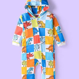Babyhug 100% Cotton Knit Full Sleeves Hooded Dino Printed Romper - White & Blue-image-68