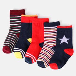 Cute Walk by Babyhug Cotton Knit Anti-Bacterial Ankle Length Stripes & Star Designed Socks Pack of 5 - Red & Black-picture-12