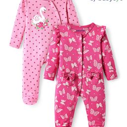Babyoye 100% Cotton Knit Full Sleeves Footed Sleep Suits with Bow Print Pack of 2 - Pink-image-74