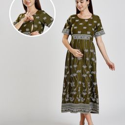 Dummy Shape Viscose Rayon Half Sleeves Abstract Printed Maternity Dress With Nursing Access - Dark Olive Green-image-30
