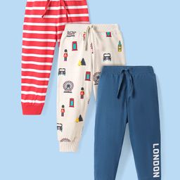 Babyhug Single Jersey Knit Full Length Lounge Pants with Stripes & Vehicle Print Pack Of 3 - Red White & Navy Blue-image-41