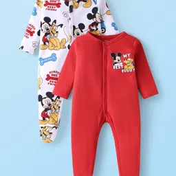 Babyhug Disney Interlock Knit Full Sleeves Footed Sleep Suits With Mickey Mouse Graphics Pack Of 2 - Red & White-picture-1