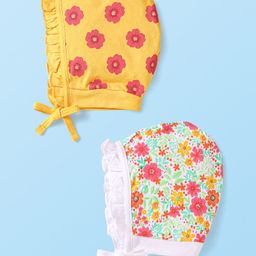 Babyhug 100% Cotton Knit Tie Knot Caps with Floral Print Yellow & White Pack of 2 - Diameter 13 cm-image-11