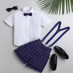 Jeet Ethnics Half Sleeves Solid Shirt With Checked Shorts & Suspender With Bow - Navy Blue-picture-7
