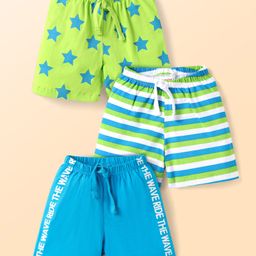 Babyhug Single Jersey Knit Shorts with Stripes Star & Text Print Pack of 3 - Limegreen & Light Blue-image-72