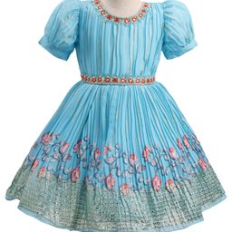 Enfance Half Puffed Sleeves Floral Printed Mirror Work Embellished Dress - Ferozi-image-27