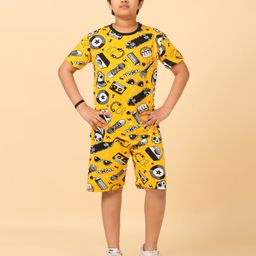 Ninos Dreams Cotton Jersey Knit Half Sleeves Skateboard & Mic Printed Coordinating Night Suit Set - Yellow-image-92