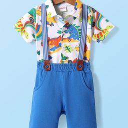 Babyhug Single Jersey Knit Half Sleeves Shirt & Shorts Set With Dino Print & Suspender - White & Blue-image-77