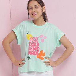 Lil Tomatoes Cotton Jersey Half Sleeves Ice Cold Lemonade Text Puff Printed Top - Light Green-image-99