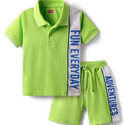 Babyhug Single Jersey Knit Half Sleeves Polo T-Shirt and Shorts Set With Everyday Fun Adventure Text Print - Neon Green-image-2