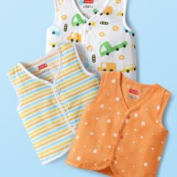 Babyhug 100% Cotton Cambric Woven Sleeveless Front Open Jhablas With Stripes & Vehicle Print Pack of 3 - Orange White & Yellow-9