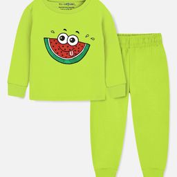 Trampoline Terry Loop Full Sleeves Watermelon Printed Tee With Joggers Set - Green-picture-2