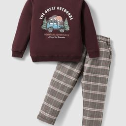 CUCUMBER Cotton Knit Full Sleeves T-Shirt & Checks Trouser Set With Car Print - Maroon-image-87