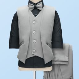 Rikidoos Full Sleeves Solid 3 Piece Party Suit With Bow Set - Grey & Black-image-37