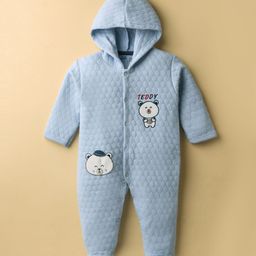 Pink Rabbit Knit Full Sleeves Footed Sleep Suits with Teddy Embroidery - Light Blue-image-42