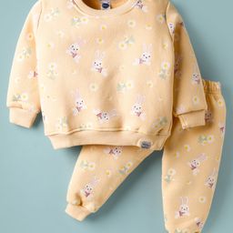 Teddy Knit Full Sleeves Co-ords Fleece Winter Night Suit with Bunny & Floral Print - Yellow-image-26