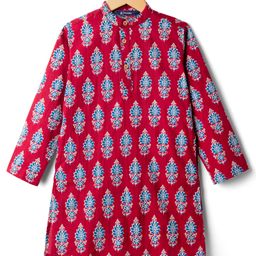 Pine Kids Cotton Woven Mandarin Collar Kurta With Floral Print - Maroon-picture-14