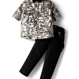 Rikidoos Full Sleeves Typography Printed Shirt & Pant With Bow & Suspender Set - Fawn & Black-image-46