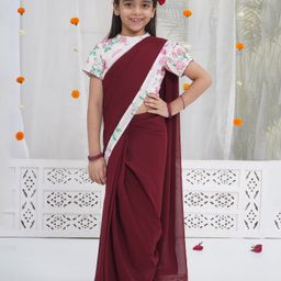 Little Bansi Georgette With 100% Cotton Woven Floral Printed Saree With Coordinating Half Sleeves Blouse - Maroon-image-77
