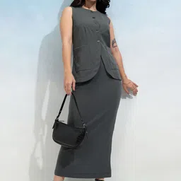 Tokyo Talkies Grey Round Neck Sleeveless Buttondown Blazer With Skirt-picture-12