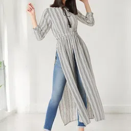 Miss Chase Women Striped Tie-Up Neck Longline Top-picture-25