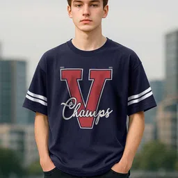 VEIRDO Boys Navy Blue & Red Graphic Printed Pure Cotton Oversized T-Shirt-image-31