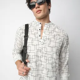VASTRADO Geometric Embroidered Band Collar Jacquard Cotton Kurta-image-50