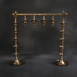 Exotic India Gold-Toned Dual-Stand Multiple Wicks Lamp Brass Pooja Essentials-image-27