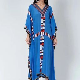 First Resort By Ramola Bachchan Royal Blue Geometric Mid Length Kaftan With Lace-image-41