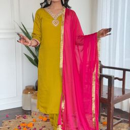 Siya Fashion Floral Yoke Design V-Neck Chanderi Silk Straight Kurta With Trouser & Dupatta-11