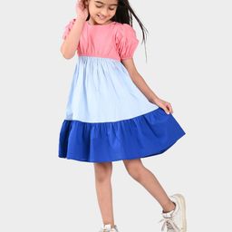 BONKIDS Girls Colourblocked Tiered Fit & Flare Cotton Dress-image-49