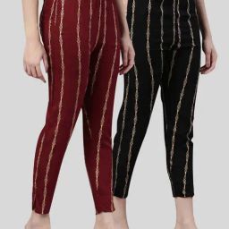 Kryptic Black & Maroon Mid Rise Printed Pants - Pack Of 2-image-92